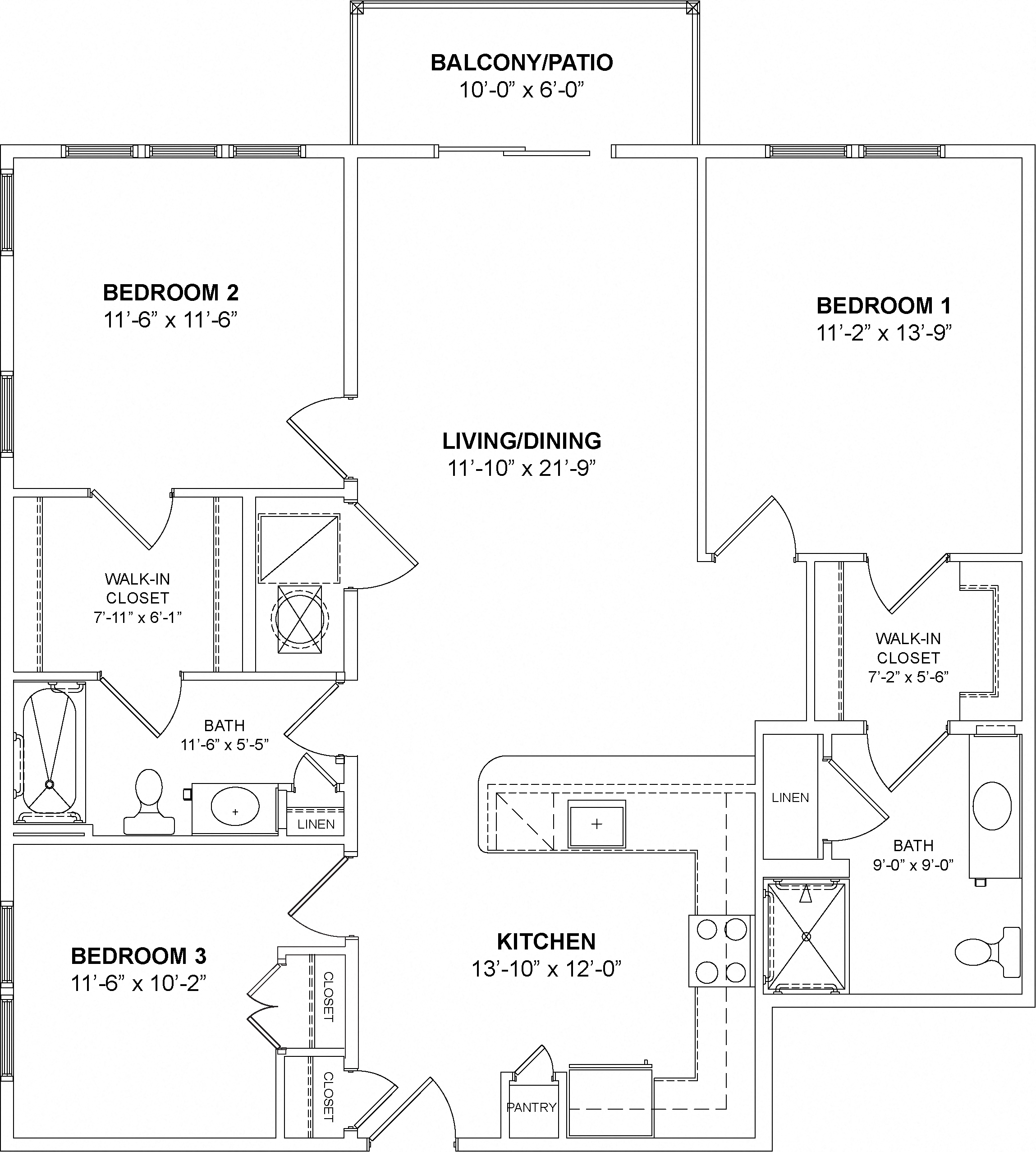 Floor plan for 3 beds, 2 baths, 1284 sqft